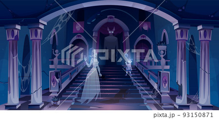 Old castle with ghosts flying in dark scary room Old castle with ghosts flying in dark scary room 93150871