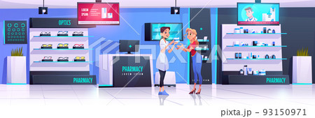 Pharmacist serves client in pharmacy with optics Pharmacist serves client in pharmacy with optics 93150971