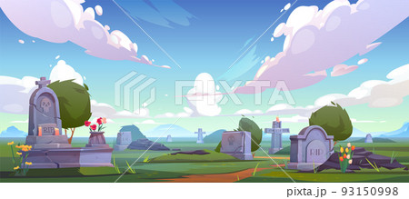 Cemetery, graveyard with tombstones and flowers 93150998