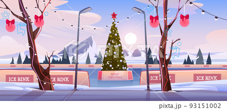 Christmas ice rink with decorated xmas fir tree Christmas ice rink with decorated xmas fir tree 93151002