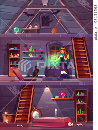 Witch in house with cellar, attic. Vector 93151593