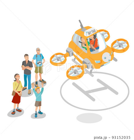 ドローンタクシーの出発を見送る家族 93152035