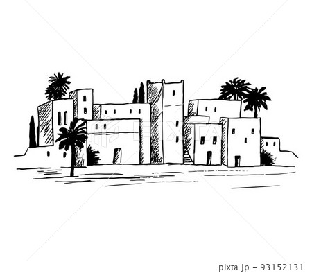 Landscape with old city of Saudi or Jordan. Pencil sketch of traditional Islamic architecture on white background. Landscape with old city of Saudi or Jordan. Pencil sketch of traditional Islamic architecture on white background. 93152131
