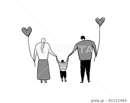 ハートの風船を持った親と手を繋いだ小さい子供 男の子 横のイラスト素材