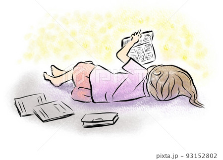 ごろごろ 横になって漫画を読む女の子  93152802