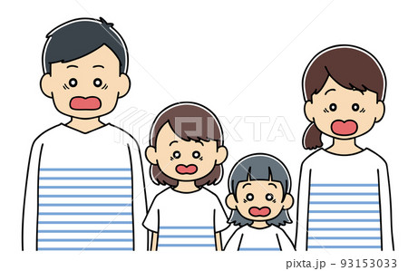 4人家族 びっくり 上半身 イラスト 表情 お揃いコーデのイラスト素材