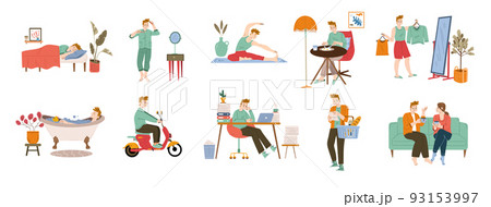 Man daily routine, life cycle, schedule habits set 93153997