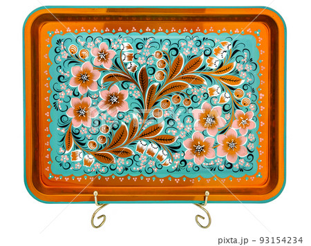Old decorative russian folk handpainted metal tray with floral color pattern on white. Use for interior design. 93154234