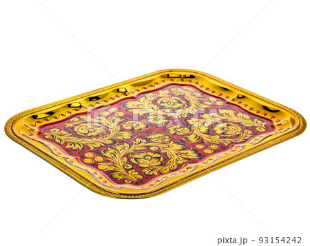Red Gold Old decorative russian folk handpainted metal tray with floral color pattern on white. Use for interior design. Red Gold Old decorative russian folk handpainted metal tray with floral color pattern on white. Use for interior design. 93154242