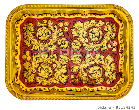 Red Gold Old decorative russian folk handpainted metal tray with floral color pattern on white. Use for interior design. 93154243