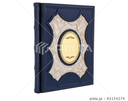 Leather mockup book with cover color isolated on white background, front view. Diary for writing and printing With empty lable and metal fittings. 93154274