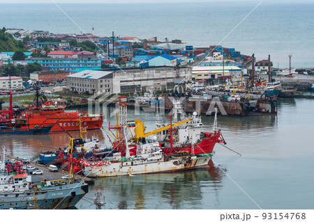 Aerial view of Korsakov port on Sakhalin, Russia 93154768