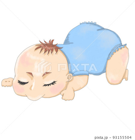 うつ伏せに寝る水色の服の男の子の赤ちゃんのイラスト素材