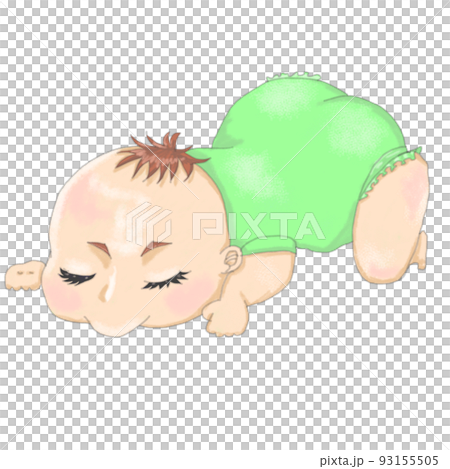 Baby boy wearing green clothes sleeping on his stomach 93155505