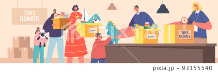 Family with Kids Bringing Toys to Charity for Supporting Orphans. Altruistic Volunteer Characters Put Toys into Boxes 93155540