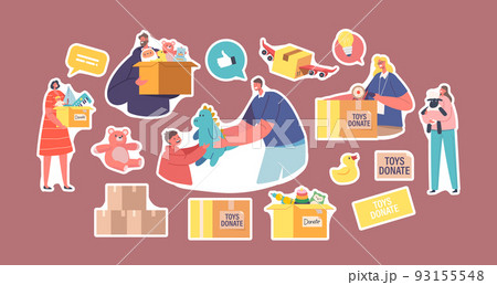 Set of Stickers Altruistic Help to Poor Kids, Volunteers Giving Toys to Kids from Donation Box with Goods for Children Set of Stickers Altruistic Help to Poor Kids, Volunteers Giving Toys to Kids from Donation Box with Goods for Children 93155548