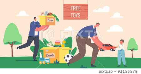 Charity Concept, Man Giving Car to Boy, Volunteer Character Carry Donation Box with Toys to Orphan Kids, Social Help 93155578