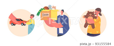 Volunteers Characters Donate Toys to Kids Isolated Round Icons or Avatars. Humanitarian Aid and Help to Children Orphans 93155584