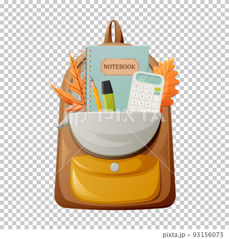 Open backpack with school supplies, vector illustration. Notebook with rings, calculator Open backpack with school supplies, vector illustration. Notebook with rings, calculator 93156073