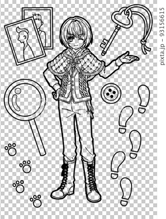 Illustration for coloring book of an anime-style boy wearing a cape cloak (with background) 93156615