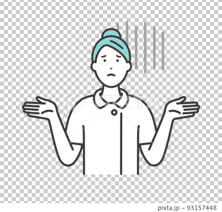 A pessimistic young female nurse poses looking up at the sky with her arms outstretched 93157448