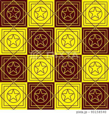 Star on cycle and square grid on brown and yellow background. vector seamless pattern 93158540