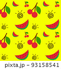 Watermelon slices and Cherry on yellow background. vector seamless pattern 93158541