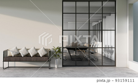 Modern loft office corridor or hallway interior with sofa and a large window with meeting room Modern loft office corridor or hallway interior with sofa and a large window with meeting room 93159111