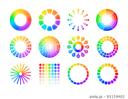 Color wheels. Charts of different shapes, gradient spectrum with rainbow multicolor pallette. Colorful colorwheel with hue and saturation. Vector isolated set Color wheels. Charts of different shapes, gradient spectrum with rainbow multicolor pallette. Colorful colorwheel with hue and saturation. Vector isolated set 93159402