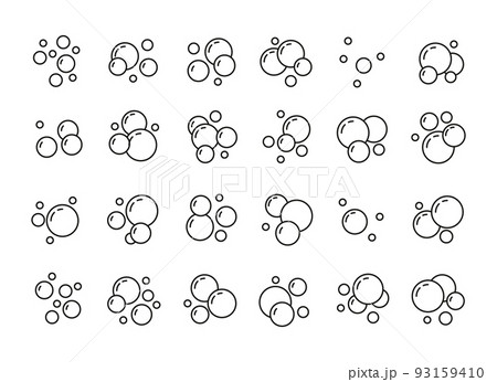 Soap bubbles line icons. Oxygen outline logo, water foam balls logo for fizzy drinks and shower gel. Vector airy champagne or soapy balls isolated collection 93159410
