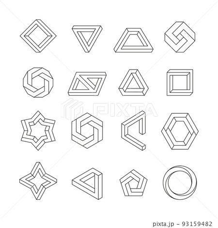 Impossible figures. Abstract geometric linear shapes, infinite optical illusion objects, 3D cube triangle and hexagonal twisted graphic elements. Vector isolated set 93159482