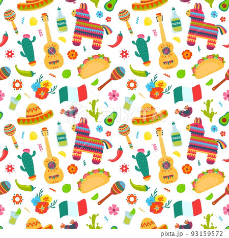 Mexican elements seamless pattern. Sombrero, guitar and cactus, tequila and chili traditional american culture symbols vector texture Mexican elements seamless pattern. Sombrero, guitar and cactus, tequila and chili traditional american culture symbols vector texture 93159572