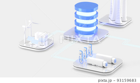 Data center isometric 3d render. Api application programming interface, database server for smart city, electric charging station with trucks, renewable energy with wind turbines and solar panels 93159683