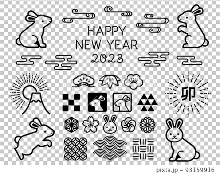 記号的なうさぎと和風のアイコンセット（2023年卯年年賀素材） 93159916