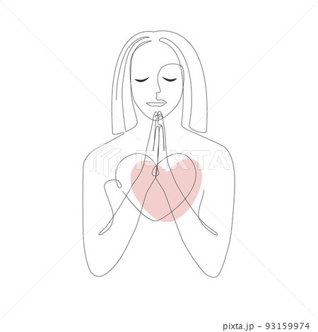 Praiyng woman. Continuous line drawing of prayer with broken heart, vector illustration. 93159974