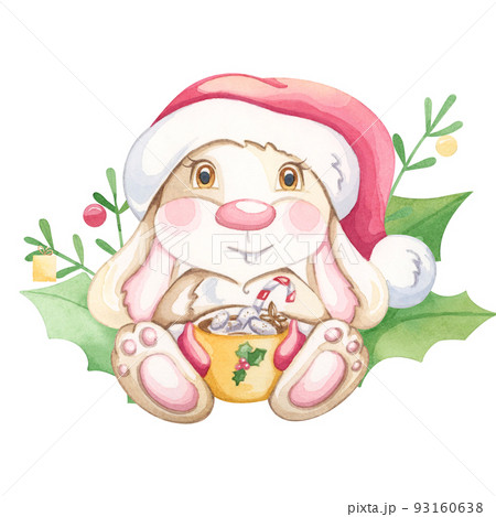 Cute bunny with a red cap and a cup. Watercolor illustration. Cute bunny with a red cap and a cup. Watercolor illustration. 93160638