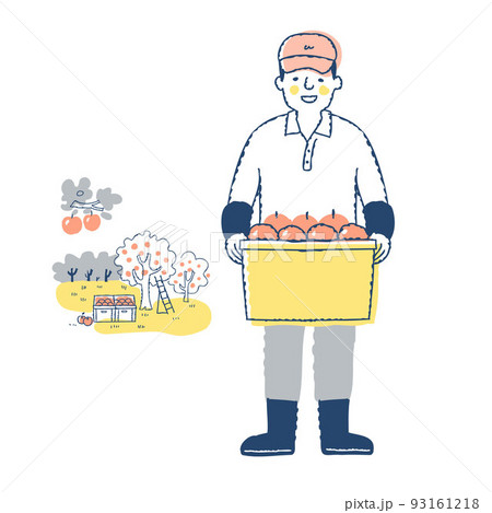 りんご箱を抱えているりんご農家の男性と畑 りんご箱を抱えているりんご農家の男性と畑 93161218
