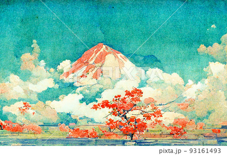 富士山と桜の日本画風 93161493