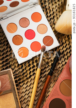 fashion set of new cosmetics palettes with brushes. close up fashion set of new cosmetics palettes with brushes. close up 93161825