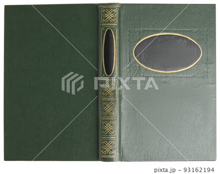 Open old book with vintage green cover isolated on white, top view 93162194