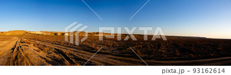 Panorama view to Plateau Ustyurt from the edge of Aral sea near Aktumsuk cape at sunrise, Karakalpakstan, Uzbekistan 93162614