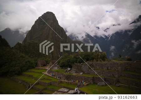 Aerial Panoramic view to Machu Picchu archaeological site and Huayna Picchu mountain , Cuzco, Peru 93162663