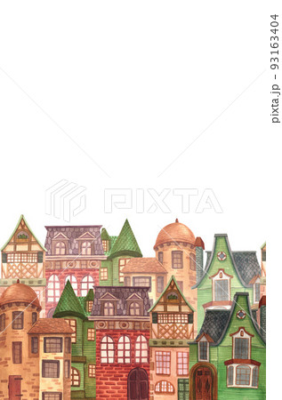 House home cottage cosy building estate painted by watercolor isolated on a white background cartoon set illustration. Hand-drawn cute of architecture suburban old european town. 93163404
