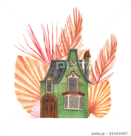 House home cottage cosy building estate painted by watercolor isolated on a white background cartoon. Dried tropical palm leaves illustration logo. Hand-drawn cute of architecture old european town. House home cottage cosy building estate painted by watercolor isolated on a white background cartoon. Dried tropical palm leaves illustration logo. Hand-drawn cute of architecture old european town. 93163407