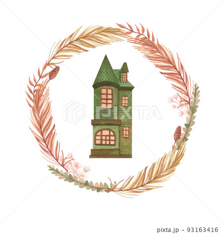 House home cottage cosy building estate painted by watercolor isolated on a white background cartoon. Dried tropical palm leaves illustration logo. Hand-drawn cute of architecture old european town. 93163416