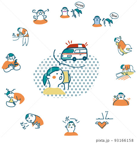 コロナ感染者　症状悪化の兆しの諸症状　セット　イラスト素材		 93166158