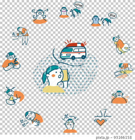 コロナ感染者　症状悪化の兆しの諸症状　セット　イラスト素材		 93166158