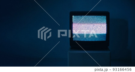 No TV signal on old television with copy space on dark background 93166456