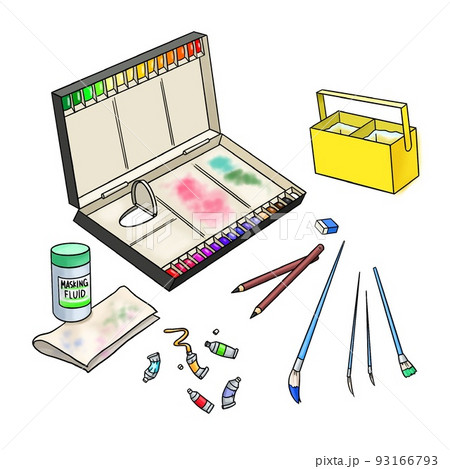 使用中の本格水彩絵の具セットのカラーイラストのイラスト素材