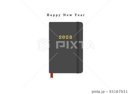 happy new yearの文字と2023年の刻印が入った黒い手帳の年賀状 93167031